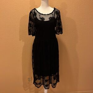 Xhilaration Black Lace Midi Dress with a slip. Feminine Gothic Punk. Size S-M.